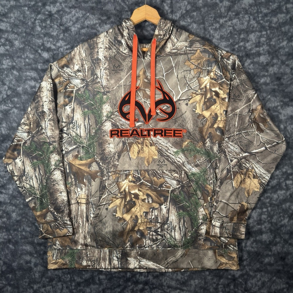 Realtree Orange Big Print Camo Hoodie Sweatshirt Mens XL Outdoors Y2K Hunting